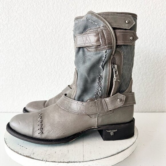 NEW Lane Boots Womens Gray Leather Canvas Mid-Calf Western Moto Style Zip Size 9 - Picture 4 of 12